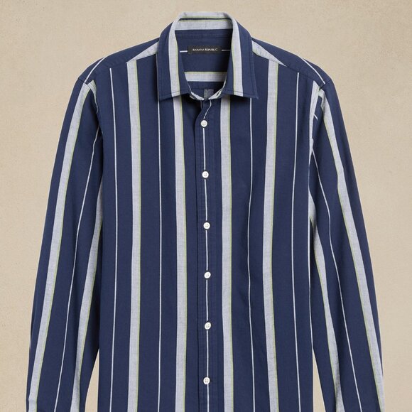 Banana Republic Untucked Slim Fit Cotton Shirt L Navy Stripe - Picture 3 of 5
